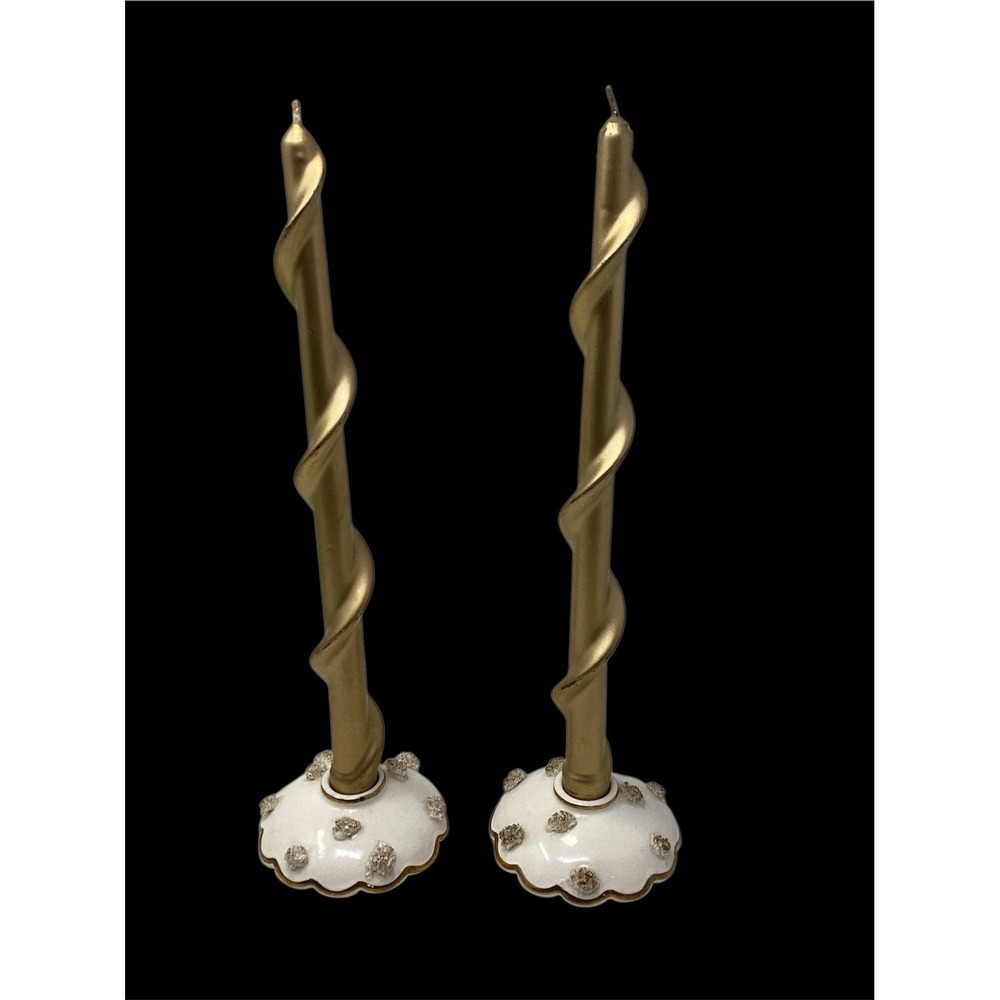 Vintage Holt Howard Candle Stick Holders PAIR Scalloped Spaghetti Gold Trim 1958